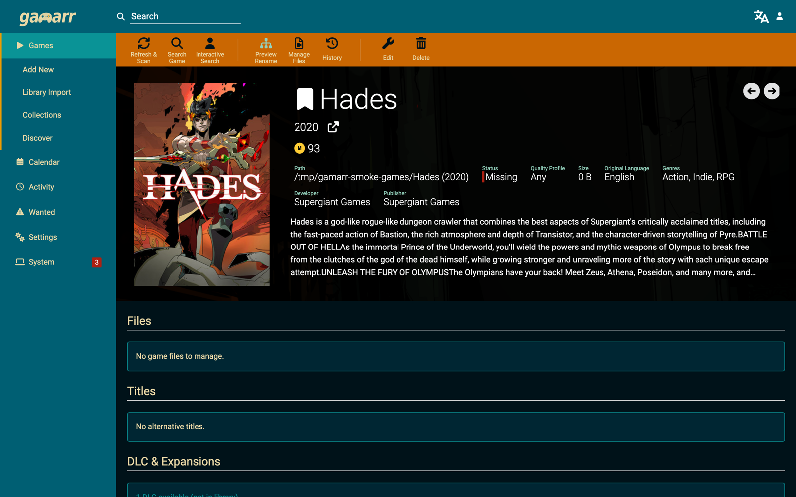 A Gamarr game details page, showing components for the base game, updates and DLC