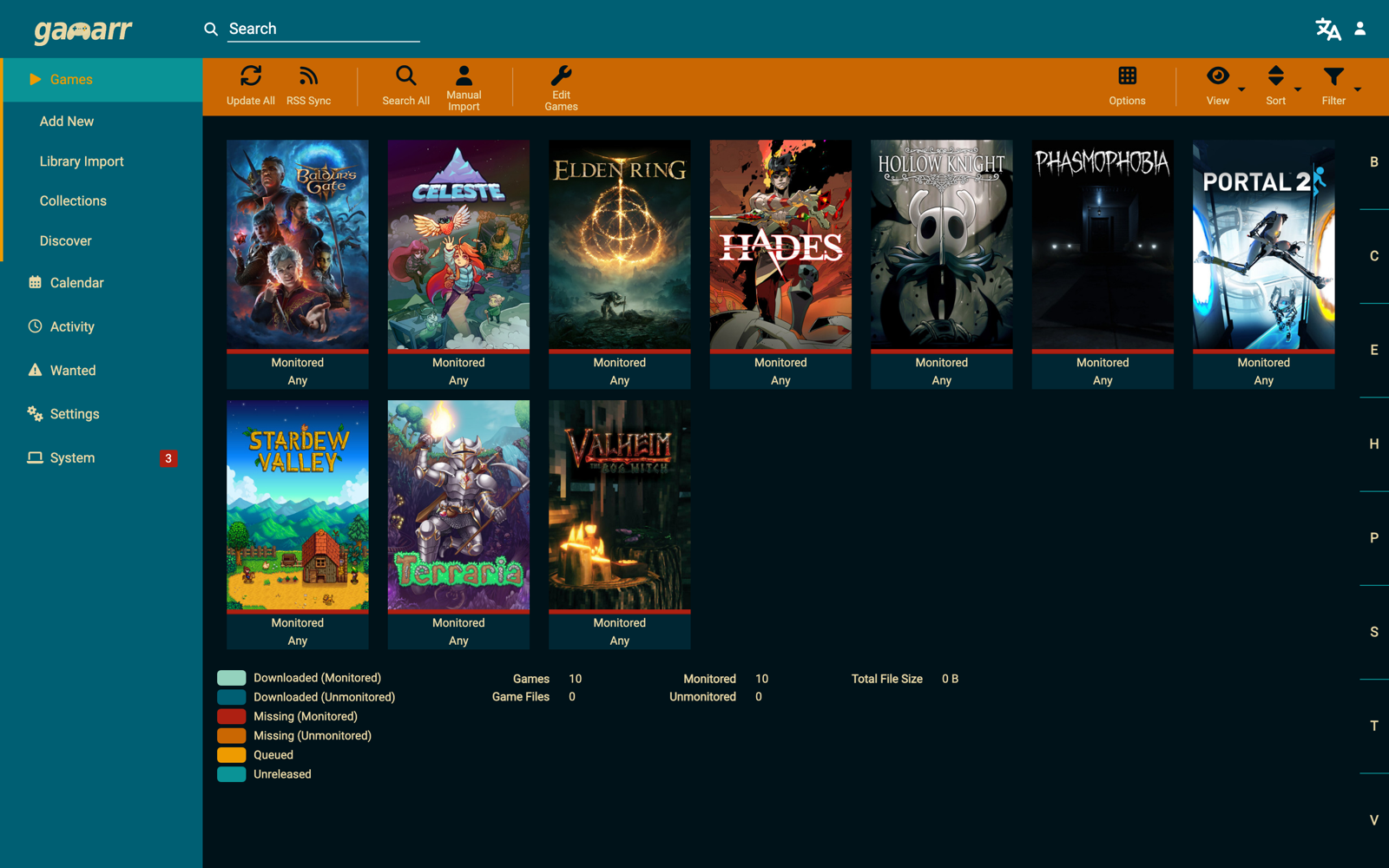 The Gamarr library view, showing game posters with monitoring status