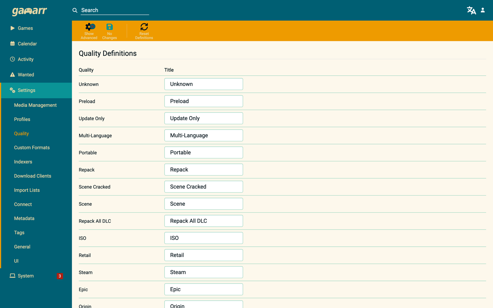 Gamarr quality profile settings, showing game-native qualities
